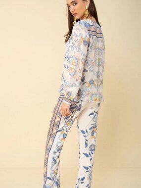 Hale Bob White Blue Floral Silk Blouse Size L